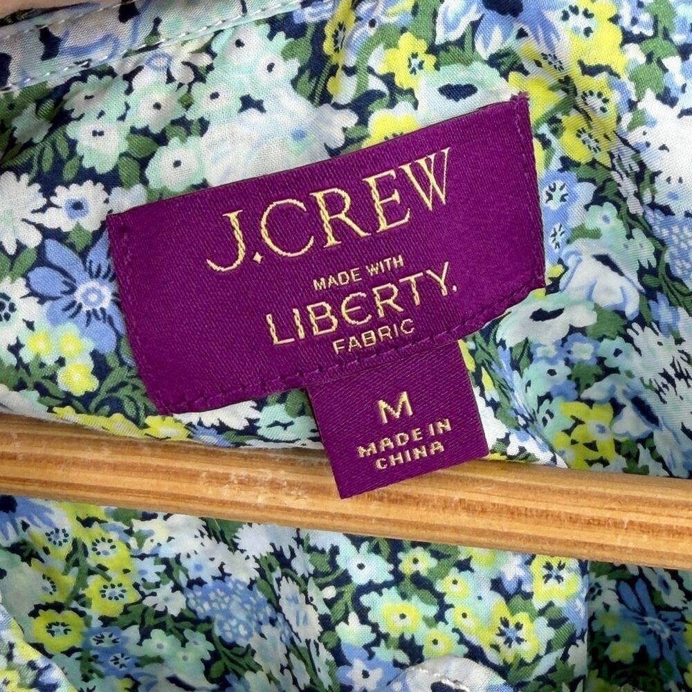 J Crew Liberty Fabric Floral Blouse Women’s Medium Blue Green Puff Sleeve Ruffle - Picture 2 of 9